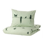 BARNDRÖM Duvet cover and pillowcase, cat pattern, green, 150x200/50x60 cm