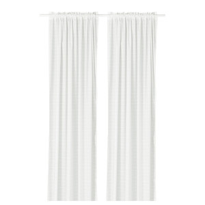 MÄSTERROT Curtains, 1 pair, white white/grid with heading tape, 145x300 cm