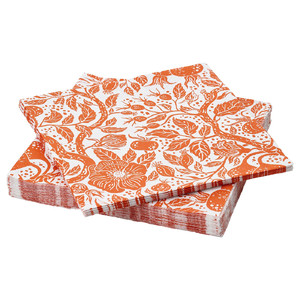 HÖSTAGILLE Paper napkin, floral pattern white/orange, 33x33 cm