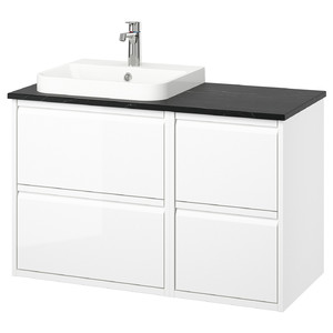ÄNGSJÖN / BACKSJÖN Wash-stand/wash-basin/tap, high-gloss white/black marble effect, 102x49x71 cm