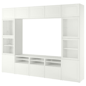 BESTÅ TV storage combination/glass doors, white Smeviken/Ostvik white clear glass, 300x42x231 cm