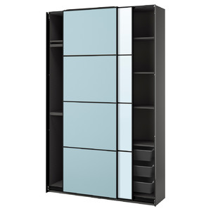PAX / MEHAMN/AULI Wardrobe with sliding doors, dark grey double sided/light blue mirror glass, 150x44x236 cm