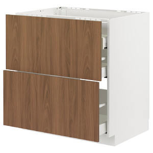 METOD/MAXIMERA Base cab f hob/2 fronts/3 drawers, white/Tistorp brown walnut effect, 80x60 cm