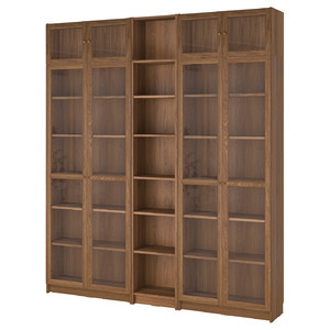 BILLY / OXBERG Bookcase w glass doors/ext unit, brown walnut effect, 200x30x237 cm