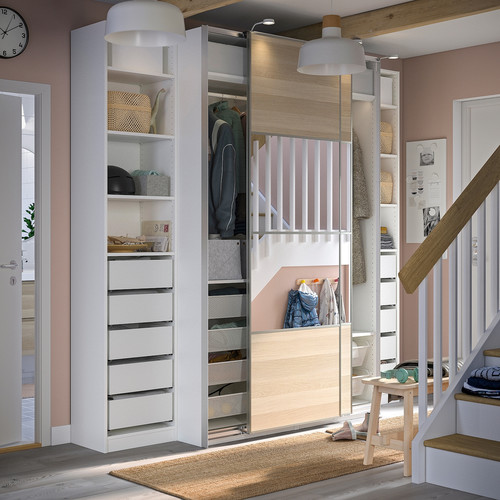 PAX / MEHAMN/AULI Wardrobe with sliding doors, white double sided/white stained oak effect mirror glass, 250x66x236 cm