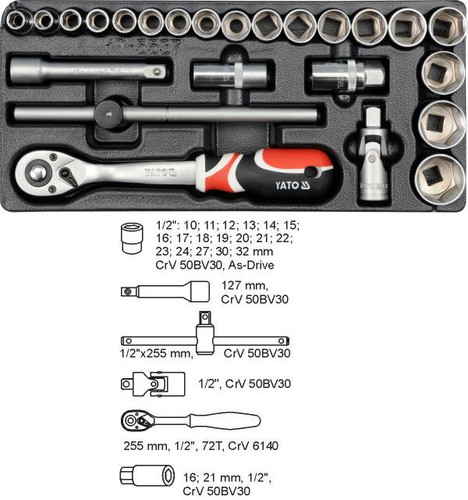 YATO PVC Tray with Tools Set Socket Set 10-32mm 1/2" 24pcs