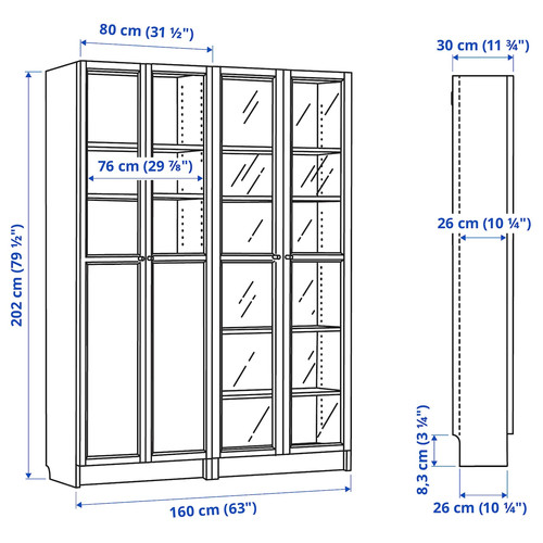 BILLY / OXBERG Bookcase with panel/glass doors, oak effect/clear glass, 160x30x202 cm