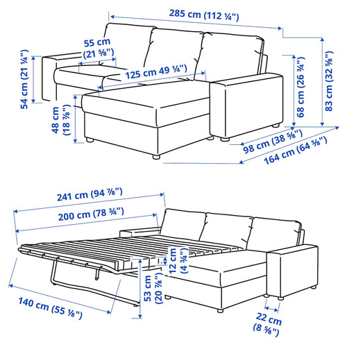 VIMLE 3-seat sofa-bed with chaise longue, with wide armrests/Hallarp beige