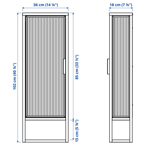 MOSSJÖN Wall cabinet w shelves/glass door, anthracite, 36x18x102 cm