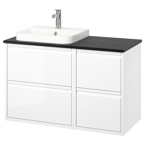 ÄNGSJÖN / BACKSJÖN Wash-stand/wash-basin/tap, high-gloss white/black marble effect, 102x49x71 cm