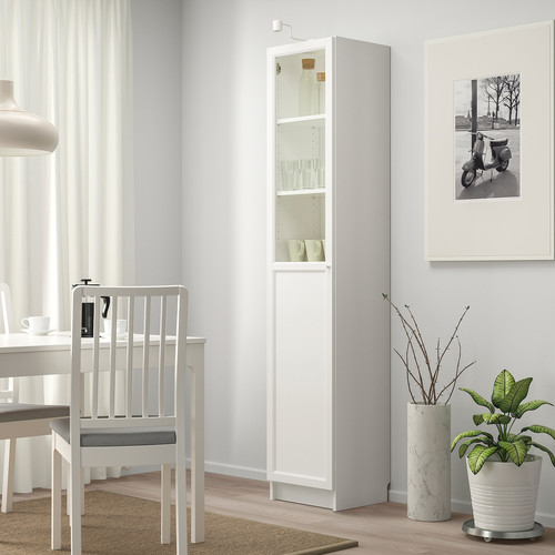 BILLY / OXBERG Bookcase with panel/glass door, white/glass, 40x42x202 cm