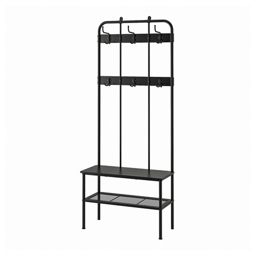 NIPÅSEN Coat rack and bench w shoe storage, black, 190x35x79 cm