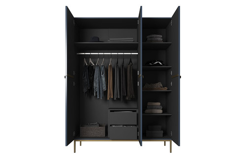Wardrobe Nicole with Drawer Unit 150 cm, dark blue, gold handles and legs