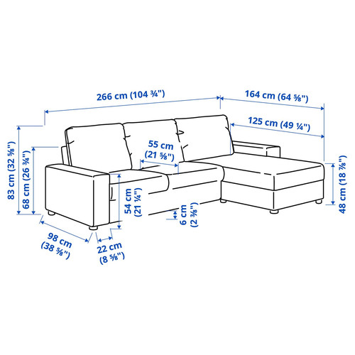 VIMLE 3-seat sofa with chaise longue, with wide armrests Gunnared/medium grey