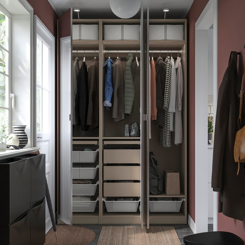 PAX / ÅHEIM Wardrobe combination, grey-beige/mirror glass, 150x60x236 cm