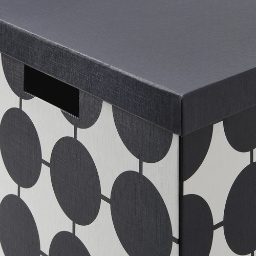 TJENA Storage box with lid, white black/dotted, 32x35x32 cm