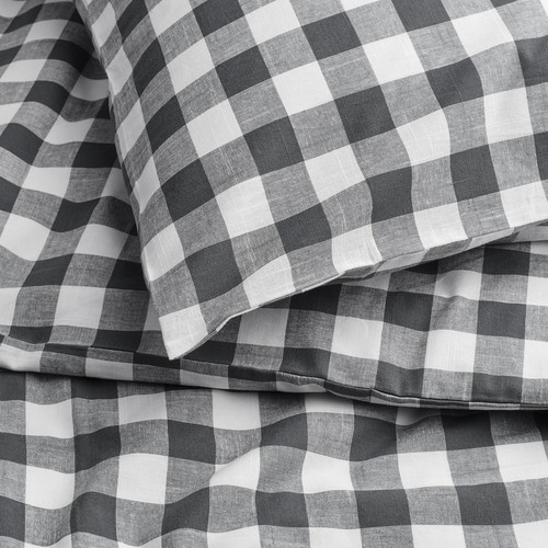 EKTANDVINGE Duvet cover and pillowcase, anthracite white/check, 150x200/50x60 cm