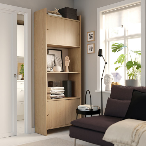 LÅDMAKARE Storage combination w sliding doors, with shelf/oak effect, 81x35x212 cm