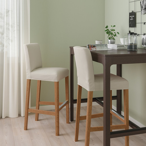 BERGMUND Bar stool with backrest, oak/Hallarp beige, 75 cm