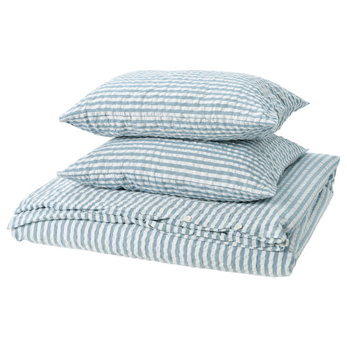 SMÅNUNNEÖRT Duvet cover and 2 pillowcases, dark grey-blue white/striped, 200x200/50x60 cm