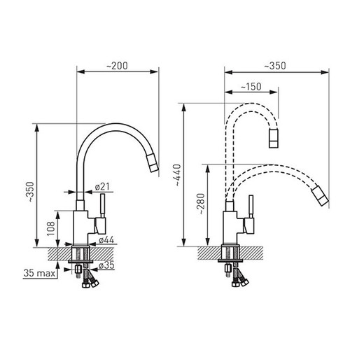 Ferro Kitchen Tap 2-Spray Zorba, flexible spout, black