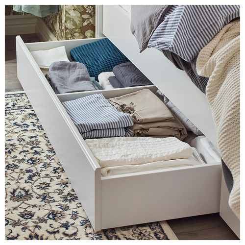 SONGESAND Bed frame with 4 storage boxes, white, Leirsund, 160x200 cm