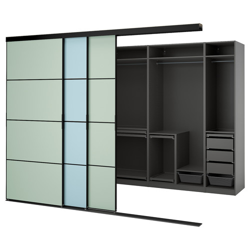 SKYTTA / PAX Walk-in wardrobe with sliding doors, black dark grey/Mehamn light blue/light green, 301x160x240 cm