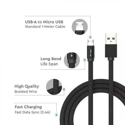 V-TAC Cable microUSB M 1m 2.4A, black