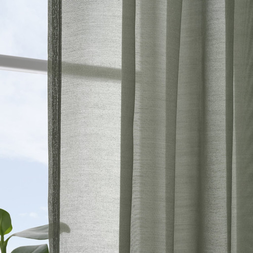 STENFRÖ Sheer curtains, 1 pair, green/with heading tape, 145x300 cm