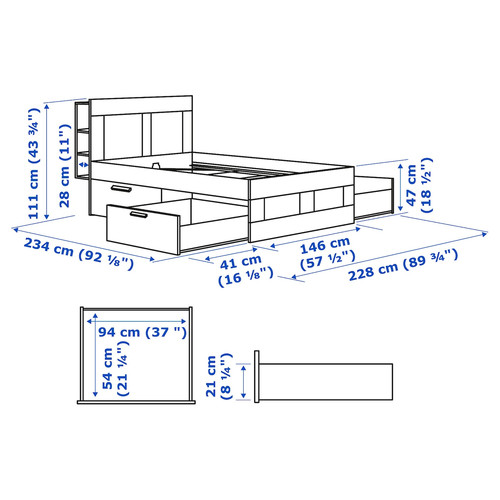 BRIMNES Bed frame w storage and headboard, white, Lönset, 140x200 cm