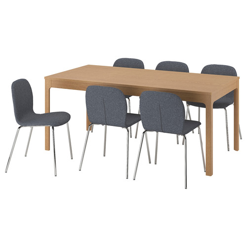 EKEDALEN / KARLPETTER Table and 6 chairs, oak/Gunnared medium grey chrome-plated, 180/240 cm