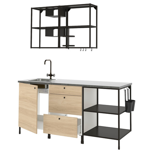 ENHET Kitchen, anthracite, oak effect, 183x63.5x222 cm