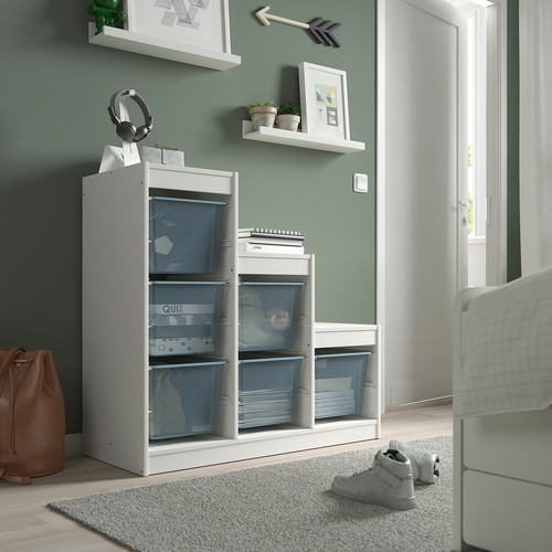 TROFAST Storage combination with boxes, white/grey-blue, 99x44x94 cm