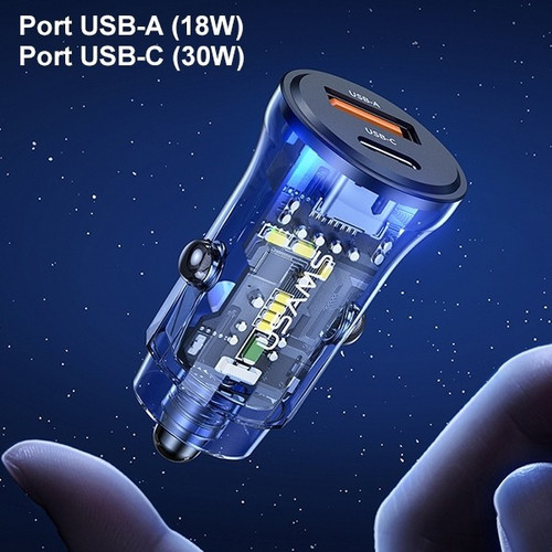 USAMS Car Charger 30W 1xUSB+ 1xUSB-C Fast charge