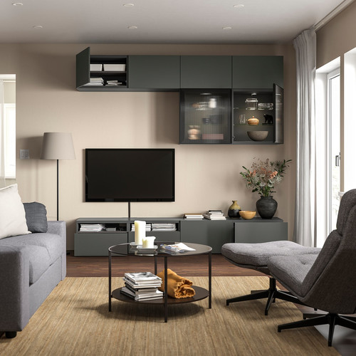 BESTÅ TV storage combination/glass doors, dark grey Lappviken/Fällsvik anthracite, 240x42x231 cm