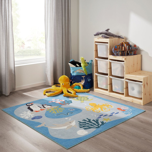 BLÅVINGAD Rug, ocean animals pattern/multicolour, 133x133 cm