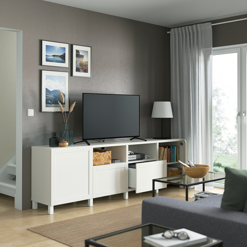 BESTÅ TV unit with doors and drawers, white, Hanviken/Stubbarp white, 240x42x74 cm