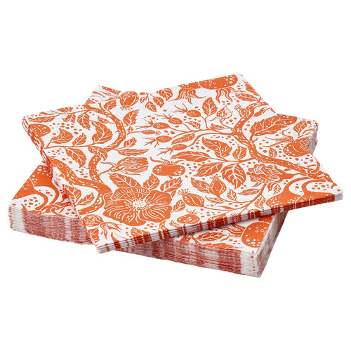 HÖSTAGILLE Paper napkin, floral pattern white/orange, 33x33 cm