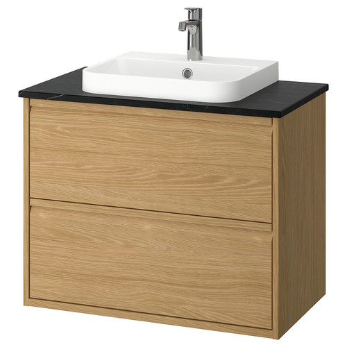 ÄNGSJÖN / BACKSJÖN Wash-stnd w drawers/wash-basin/tap, oak effect/black marble effect, 82x49x71 cm