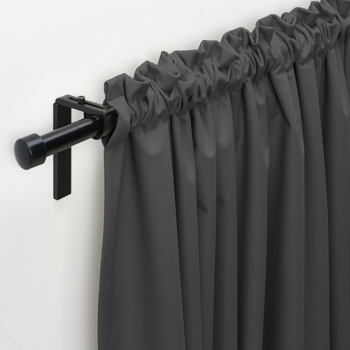 KORGMOTT Block-out curtains, 1 pair, dark grey/with heading tape, 145x300 cm