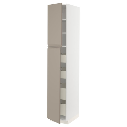 METOD / MAXIMERA Hi cab w 2 doors/4 drawers, white/Upplöv matt dark beige, 40x60x220 cm