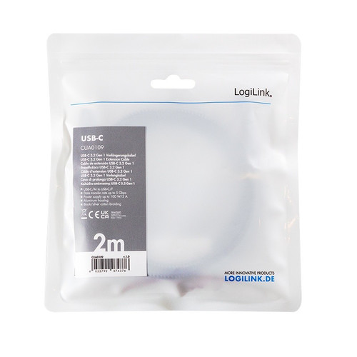 LogiLink USB Cable USB 3.2 Gen1 Type-C to USB-C/F, PD, 2m