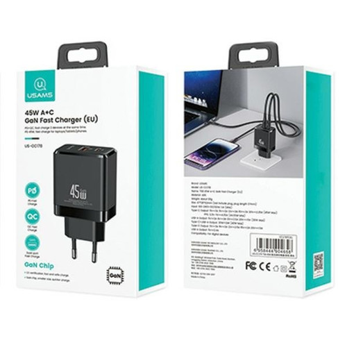 USAMS Wall Charger EU Plug USB-C+USB-A 45W GaN PD 3.0 Fast, black