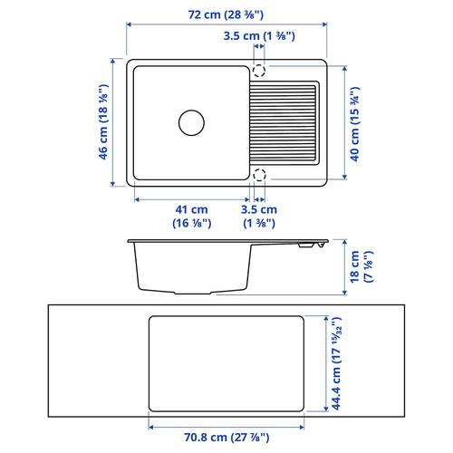 KILSVIKEN Inset sink, 1 bowl with drainboard, white quartz composite, 72x46 cm