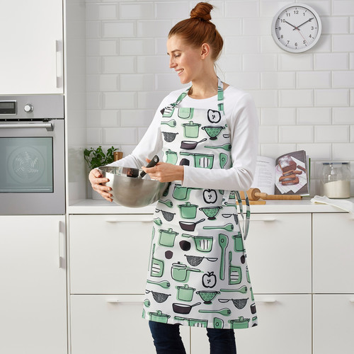 RINNIG Apron, white/green, patterned