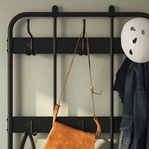 NIPÅSEN Coat rack and bench w shoe storage, black, 190x35x79 cm