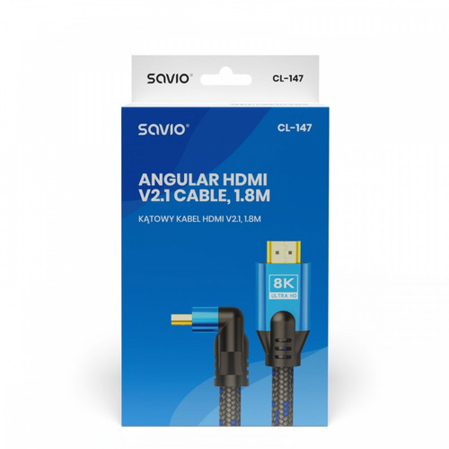 SAVIO HDMI (M) v2.1, angular, 1,8m, 8K, copper, blue-black, gold-plated, ethernet / 3D CL-147