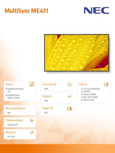 NEC LCD 43" Message Essential Large Format Display MultiSync ME431 UHD 400cd/m2 18/7