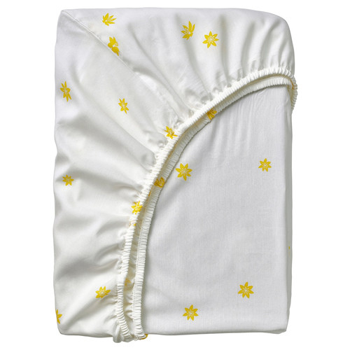 SKOGSDUVA Fitted sheet, white yellow/flower pattern, 90x200 cm