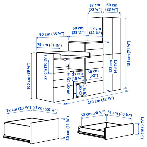 SMÅSTAD / PLATSA Storage combination, white white/with changing table, 210x79x181 cm